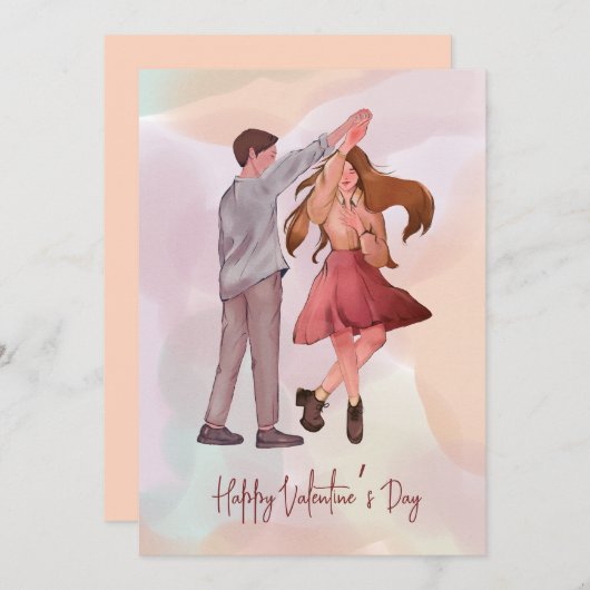 Cartes Pour Fêtes Annuelles Joli couple de danseuses illustrées Saint-Valentin (Devant / Derrière)
