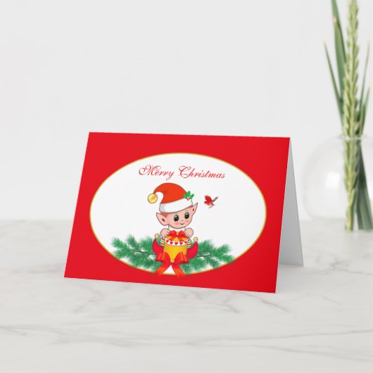 Cartes Pour Fêtes Annuelles Joli elfe de Noël et oiseau sur fond rouge et blan (Devant)