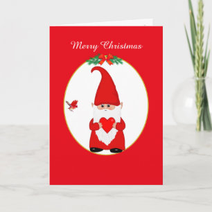 Cartes Pour Fêtes Annuelles Joli gnome de Noël et oiseau sur fond rouge et bla