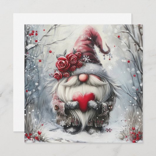 Cartes Pour Fêtes Annuelles Joli gnome d'hiver avec cœur rouge (Devant / Derrière)