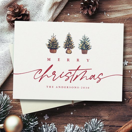 Cartes Pour Fêtes Annuelles Joli Joyeux Noël Aquarelle Arbre rouge Script