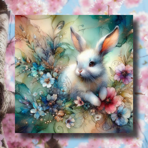 Cartes Pour Fêtes Annuelles Joli Lapin Blanc Aquarelle Fleurs Paillettes Pâque