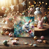 Cartes Pour Fêtes Annuelles Joli lapin blanc Aquarelle Fleurs Parties scintill