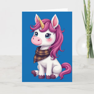 Cartes Pour Fêtes Annuelles Joli Licorne Rose Portant Une Écharpe à Carreaux É