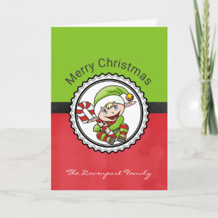 Cartes Pour Fêtes Annuelles Joli lutin de Noël avec un joyeux Noël canne en bo