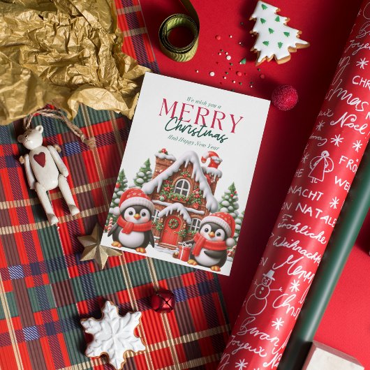 Cartes Pour Fêtes Annuelles Joli manchot de Noël et maison en pain d'épices