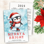 Cartes Pour Fêtes Annuelles Joli Noël Joyeux et brillant patinage sur glace Pi<br><div class="desc">Cette carte de Noël personnalisée est dotée d'un pingouin gai en patinage sur glace dans un chapeau de Père Noël rouge, foulard et patins à silhouette sur un arrière - plan d'aquarelle bleu neigeux. Un dicton "Joyeux et brillant" et un texte modèle pour les salutations, le nom de famille et...</div>
