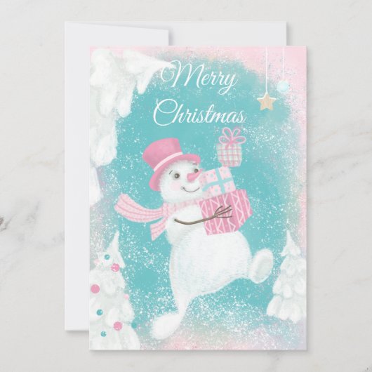 Cartes Pour Fêtes Annuelles Joli Noël Snowman rose et menthe (Devant)