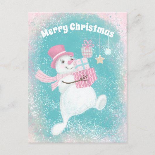 Cartes Pour Fêtes Annuelles Joli Noël Snowman rose et menthe (Devant)