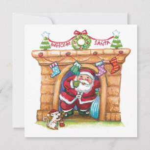 Cartes Pour Fêtes Annuelles Joli Père Noël de dessin animé descendant la chemi
