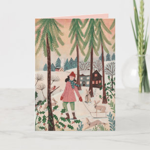 Cartes Pour Fêtes Annuelles Joli rose et vert fille et lapin paysage de neige
