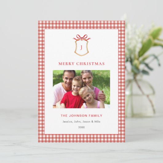 Cartes Pour Fêtes Annuelles Joli Rouge En vichy Plaid Monogramme Noël (Debout devant)