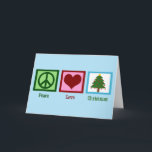 Cartes Pour Fêtes Annuelles Joli sapin de Noël Bleu signe de paix Coeur<br><div class="desc">Beau signe de paix,  coeur,  et un joli sapin de Noël décoré de jolis ornements sur un arrière - plan bleu clair qui rappelle un ciel d'hiver. Un grand cadeau pour un anniversaire d'hiver ou Noël lui-même ! J'adore le décor de vacances.</div>
