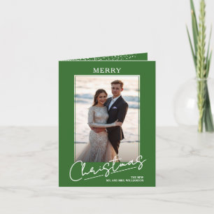 Cartes Pour Fêtes Annuelles Joli script de Joyeux Noël sur une photo verte pli