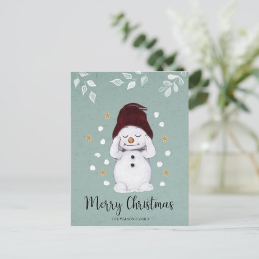 Cartes Pour Fêtes Annuelles Joli Snowman d'hiver bleu Noël (Debout devant)