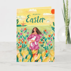 Cartes Pour Fêtes Annuelles Jolie femme printanière dans un champ de tulipes P