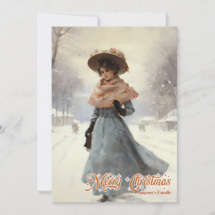 Cartes Pour Fêtes Annuelles Jolie femme vintage rétro dans la neige ville de N