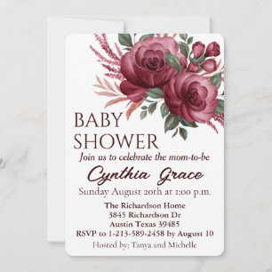 Cartes Pour Fêtes Annuelles Jolie Fête de Bébé Fleurs Aquarelle Bourgogne Inv
