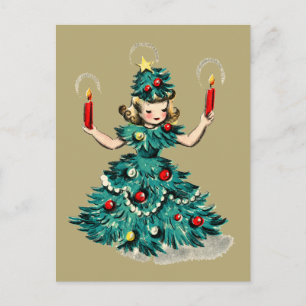 Cartes Pour Fêtes Annuelles Jolie Fille au Sapin de Noël Rétro Vintage