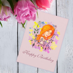 Cartes Pour Fêtes Annuelles Jolie fille dans le jardin. Aquarelle Joyeux anniv