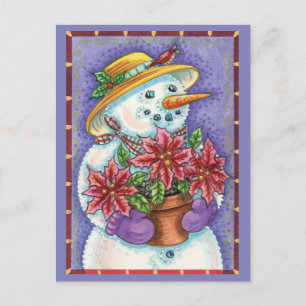 Cartes Pour Fêtes Annuelles Jolie fille de Noël Snowman avec Poinsettia
