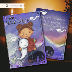 Cartes Pour Fêtes Annuelles Jolie Fille, Fantôme et Chat Noir Spooktacular p