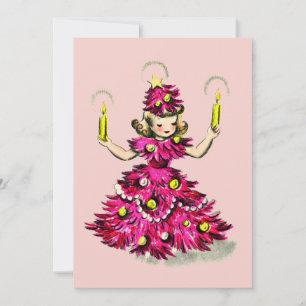 Cartes Pour Fêtes Annuelles Jolie fille rétro vintage arbre de Noël rose 