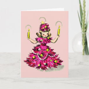Cartes Pour Fêtes Annuelles Jolie fille sapin de Noël rose rétro vintage 