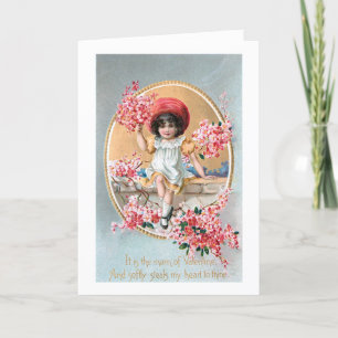 Cartes Pour Fêtes Annuelles Jolie fille Vintage aux fleurs roses de Saint-Vale