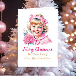 Cartes Pour Fêtes Annuelles Jolie fille Vintage | Noël rose Personnalisé<br><div class="desc">Jolie carte de Noël personnalisée rose et blanc avec une petite fille vintage souriant avec des rubans et des fleurs style victorien ancien style Noël.</div>
