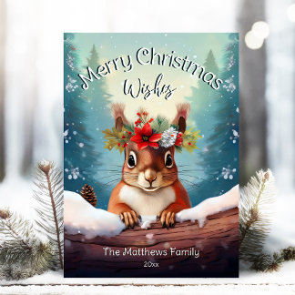Cartes Pour Fêtes Annuelles Jolie forêt de neige d'écureuil rouge Joyeux Noël
