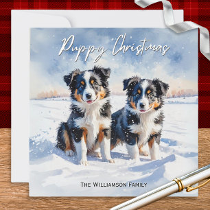 Cartes Pour Fêtes Annuelles Jolie Frontière Collie Chiots Dans Neige Chiot Noë