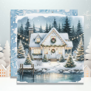 Cartes Pour Fêtes Annuelles Jolie maison de fête sur un lac gelé Noël