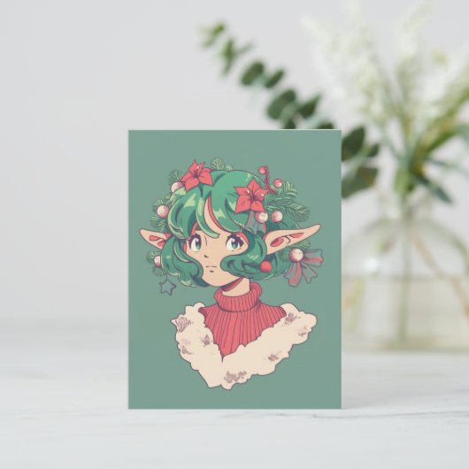 Cartes Pour Fêtes Annuelles Jolie Noël Fête Poinsettia Elf Anime Girl (Debout devant)