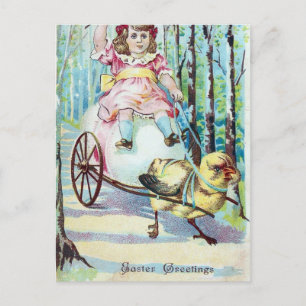 Cartes Pour Fêtes Annuelles Jolie Pâques Fille En Panier Avec Panier À Pousset