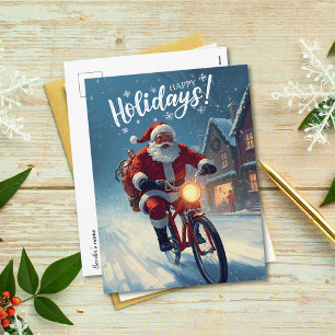 Cartes Pour Fêtes Annuelles Jolie Père Noël en aquarelle sur Noël à vélo