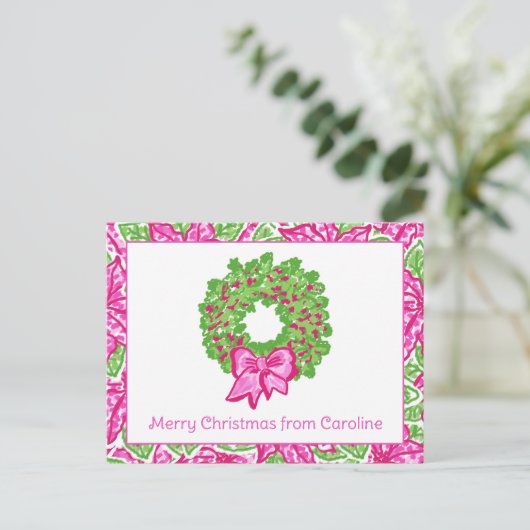 Cartes Pour Fêtes Annuelles Jolie preppy Noël rose et vert Wreath (Debout devant)