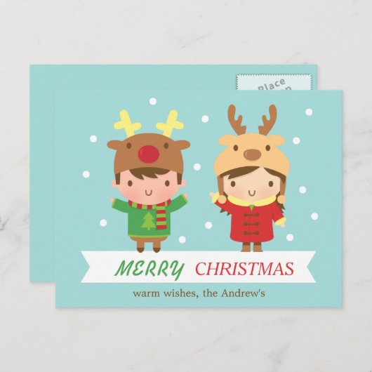 Cartes Pour Fêtes Annuelles Jolie Reindeer Kids Joyeux Noël Salutation (Devant / Derrière)