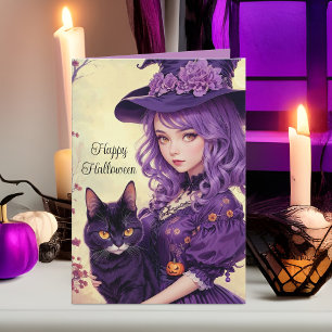 Cartes Pour Fêtes Annuelles Jolie sorcière d'Halloween violette et chat noir V