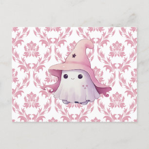 Cartes Pour Fêtes Annuelles Jolie sorcière rose Fantôme Casquette rose & blanc