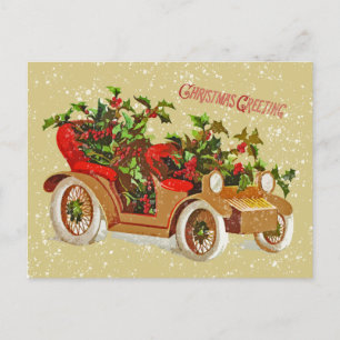 Cartes Pour Fêtes Annuelles Jolie voiture de Noël vintage Holly Snow Gold