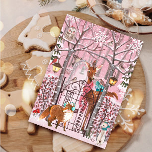Cartes Pour Fêtes Annuelles Jolies Animaux Rose de la Forêt en Hiver pour les