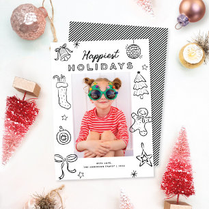 Cartes Pour Fêtes Annuelles Jolies Doodles Amusants Photo de Noël Noir & Blanc