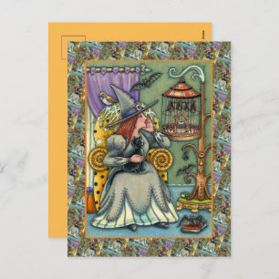 CARTES POUR FÊTES ANNUELLES JOLIMENT WITCH, CHAT & SES ANIMAUX, CAGE DE MAIN,
