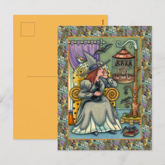 CARTES POUR FÊTES ANNUELLES JOLIMENT WITCH, CHAT & SES ANIMAUX, CAGE DE MAIN,  (Devant / Derrière)