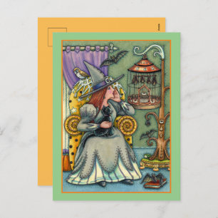CARTES POUR FÊTES ANNUELLES JOLIMENT WITCH, CHAT & SES ANIMAUX, CAGE DE MAIN,