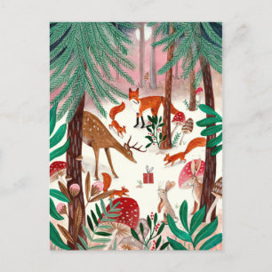 Cartes Pour Fêtes Annuelles Jolis Animaux de la forêt verts et roses Forêt