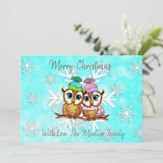 Cartes Pour Fêtes Annuelles Jolis hiboux de Noël à l'aquarelle fantaisiste (Debout devant)