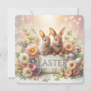 Cartes Pour Fêtes Annuelles Jolis lapins de Pâques avec des fleurs et des œufs