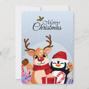 Cartes Pour Fêtes Annuelles Jolis rennes & manchot avec cadeaux de Noël